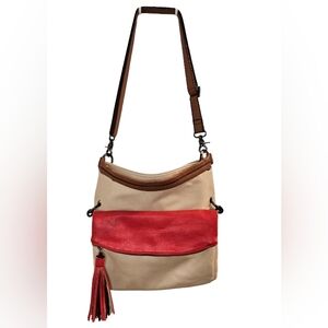 [KGB STUDIOS] Vibrant Red & Beige Two-Tone Faux Leather Crossbody/Shoulder Bag
